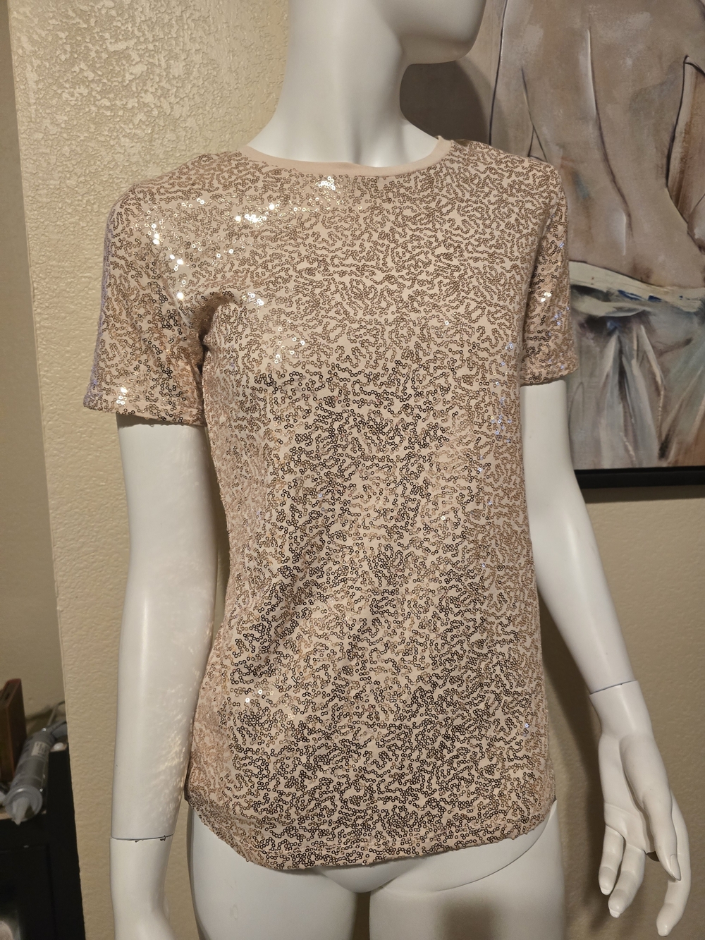 DKNY Sequin Embellished Short Sleeve Top in Blush